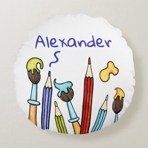 Personalized Colorful Pencils and Paintbrushes Round Pillow