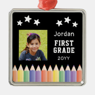 Personalized Colorful Photo First Grade Keepsake Metal Ornament
