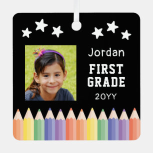 Personalized Colorful Photo First Grade Keepsake Metal Ornament