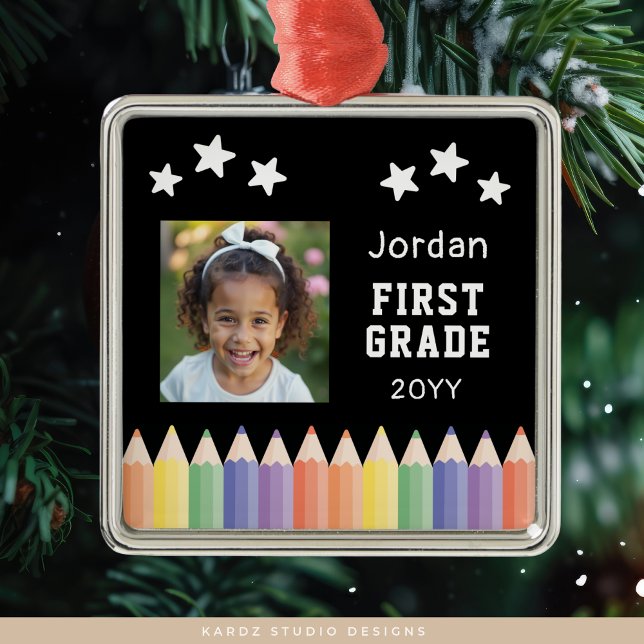 Personalized Colorful Photo First Grade Keepsake Metal Ornament (Ornament shown in 1 one-sided metal style. Add your kids picture, name and grade.)