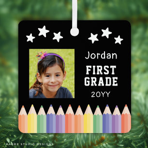 Personalized Colorful Photo First Grade Keepsake Metal Ornament