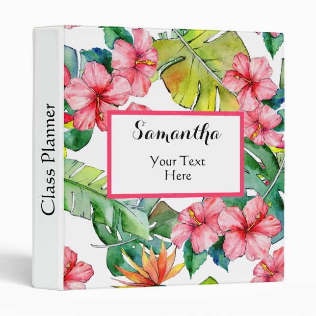 Personalized Colorful Pink Tropical Hibiscus 3 Ring Binder (Front/Spine)