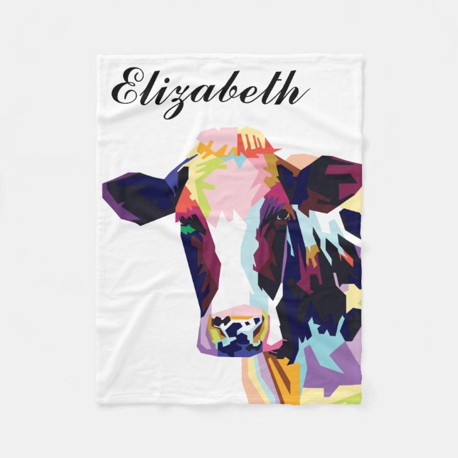 Personalized Colorful Pop Art Cow Fleece Blanket (Front)