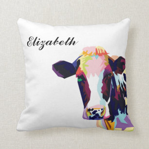Personalized Colorful Pop Art Cow Throw Pillow