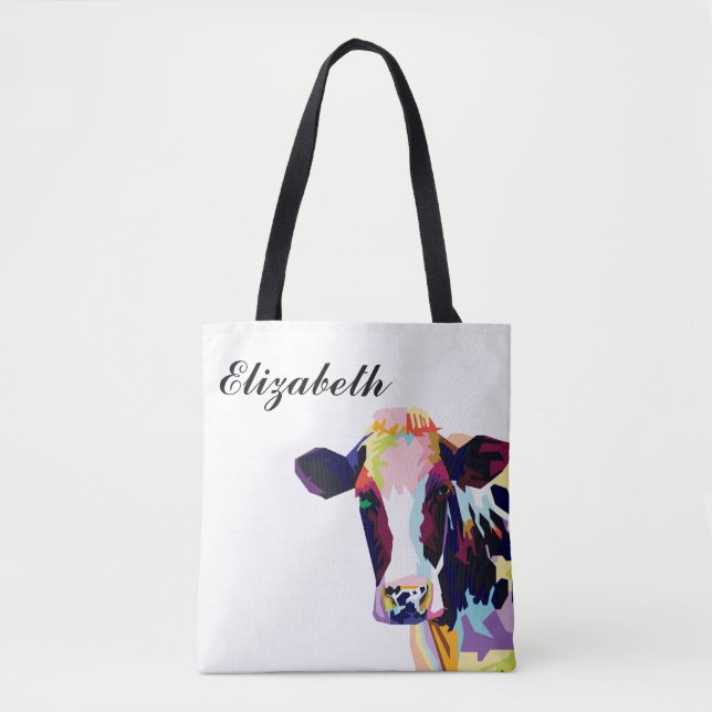 Personalized Colorful Pop Art Cow Tote Bag (Front)