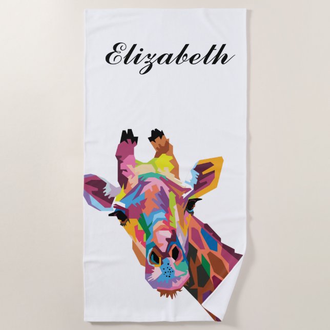 Personalized Colorful Pop Art Giraffe Beach Towel (Front)