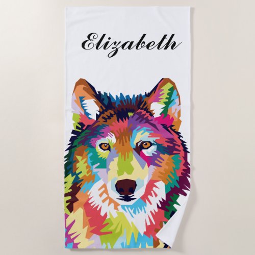 Personalized Colorful Pop Art Wolf Beach Towel