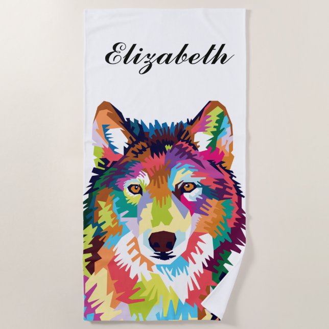 Personalized Colorful Pop Art Wolf Beach Towel (Front)