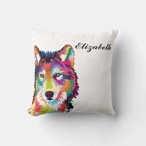 Personalized Colorful Pop Art Wolf Throw Pillow