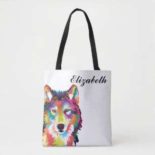 Personalized Colorful Pop Art Wolf Tote Bag