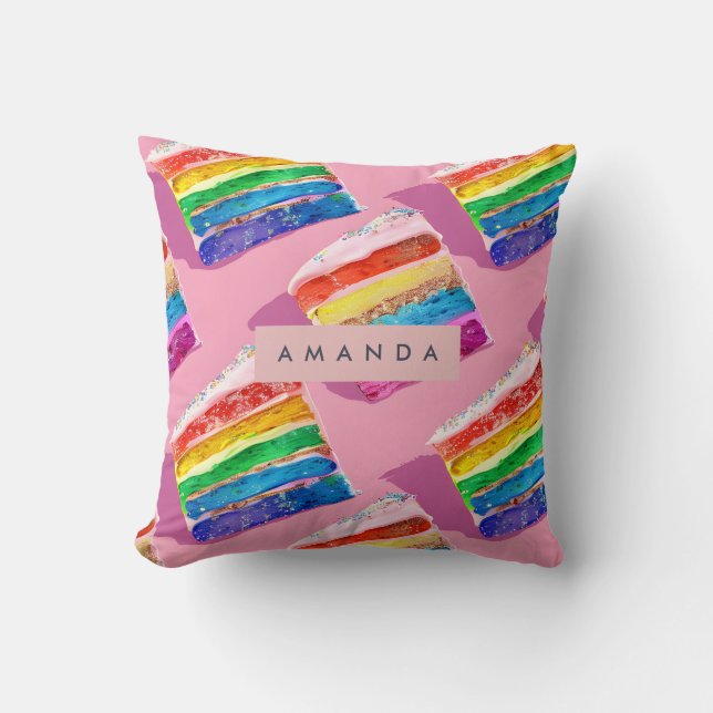 Personalized Colorful Rainbow Cake Slice Throw Pillow (Front)