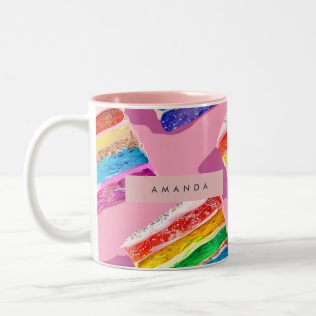 Personalized Colorful Rainbow Cake Slice Two-Tone Coffee Mug (Left)