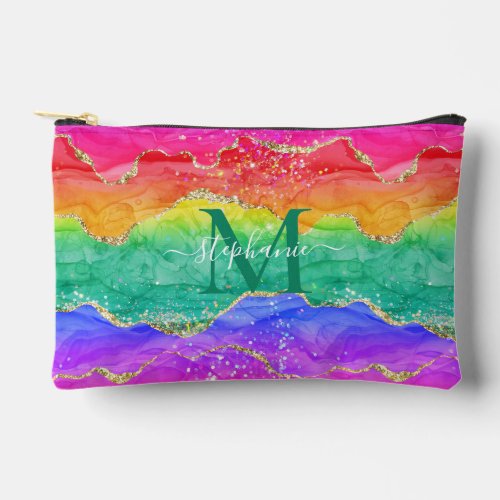 Personalized Colorful Rainbow Glitter Gold Agate Accessory Pouch