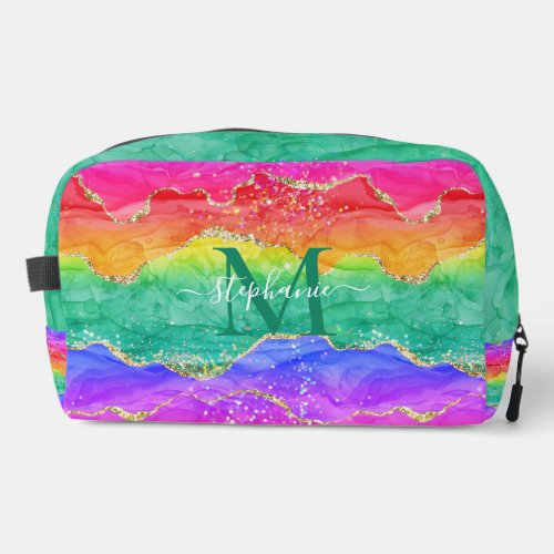 Personalized Colorful Rainbow Glitter Gold Agate Dopp Kit