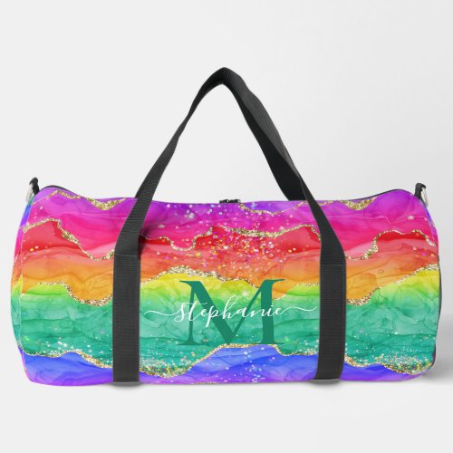 Personalized Colorful Rainbow Glitter Gold Agate Duffle Bag