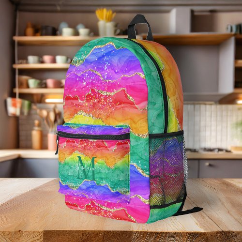 Personalized Colorful Rainbow Glitter Gold Agate Printed Backpack