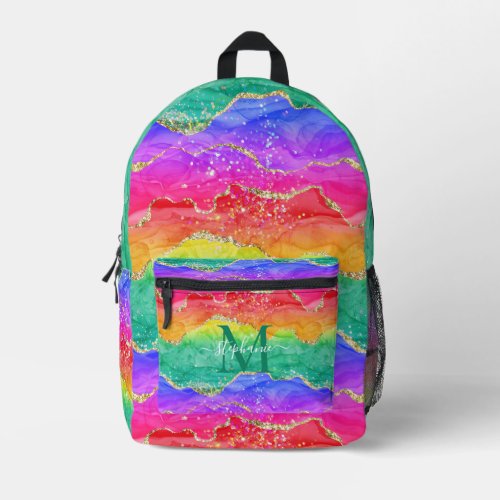 Personalized Colorful Rainbow Glitter Gold Agate Printed Backpack