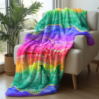 Personalized Colorful Rainbow Glitter Gold Agate Sherpa Blanket