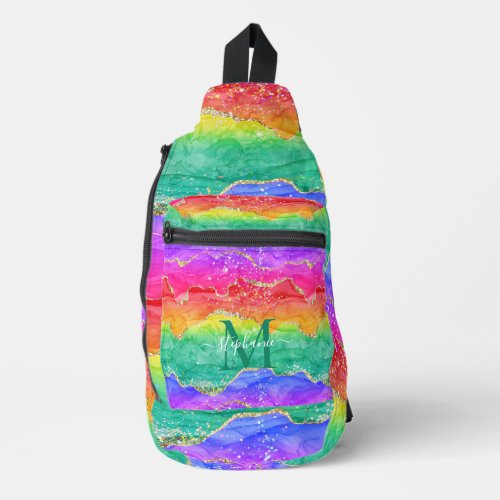 Personalized Colorful Rainbow Glitter Gold Agate Sling Bag