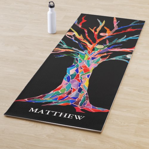 Personalized Colorful Rainbow Tree Black Yoga Mat