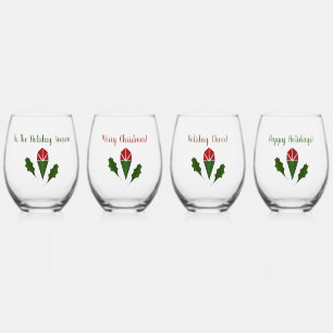 Personalized Colorful Red Roses & Holly Christmas Stemless Wine Glass