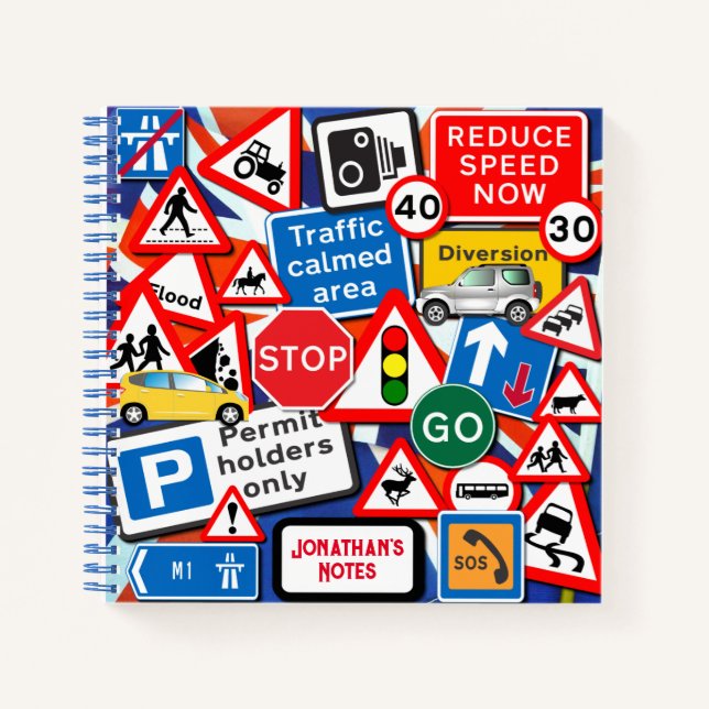 Personalized Colorful Road Signs and Motor Cars Notebook (Front)