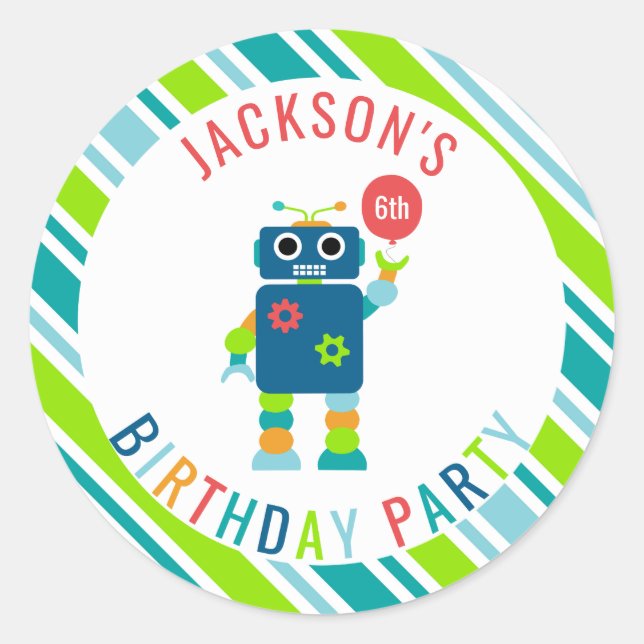 Personalized Colorful Robot Birthday Party Kids Classic Round Sticker (Front)