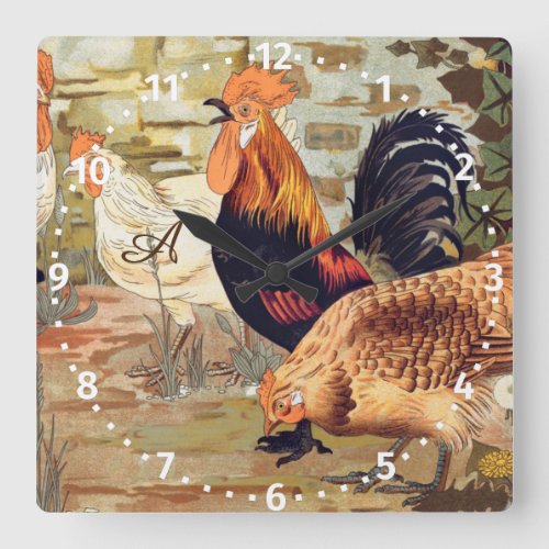  Personalized Colorful Rooster Farmhouse  Square W Square Wall Clock