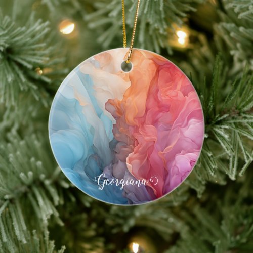Personalized Colorful Sunset on Sea Alcohol Ink Ceramic Ornament