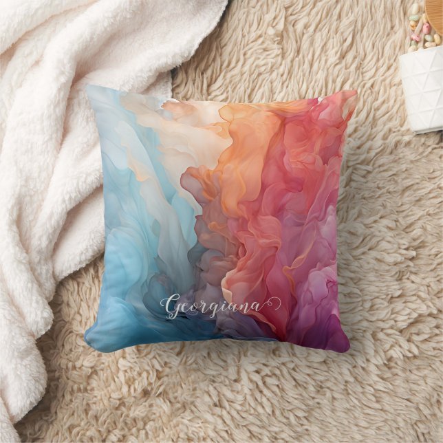 Personalized Colorful Sunset on Sea Alcohol Ink Throw Pillow (Blanket)