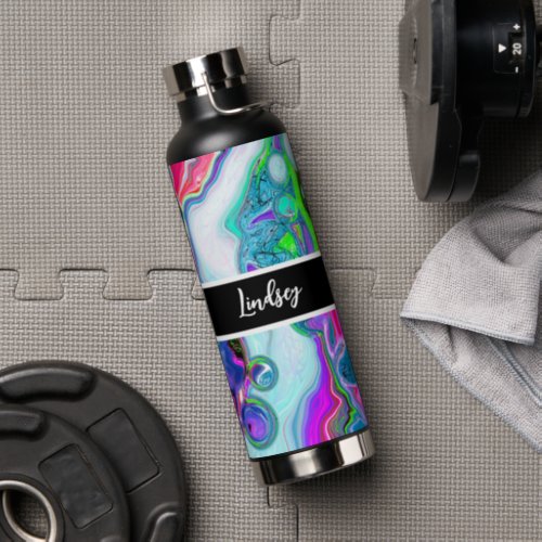 Personalized Colorful Swirls Marble Fluid Art     Water Bottle