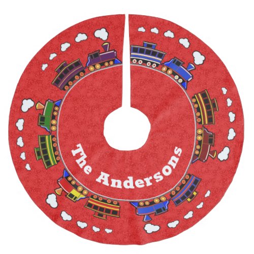 Personalized Colorful Toy Trains on Red Brushed Polyester Tree Skirt