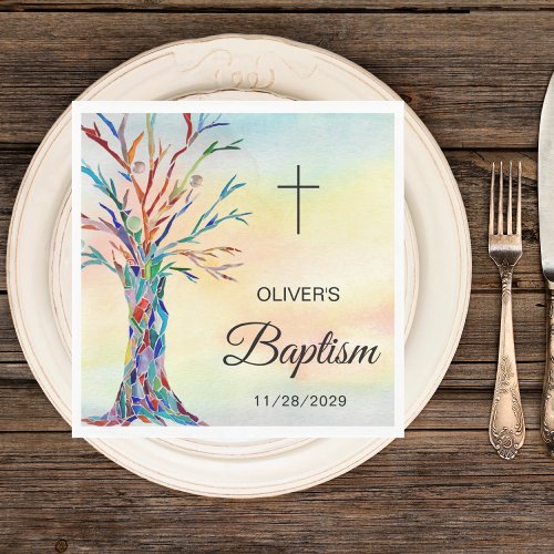 Personalized Colorful Tree Baptism Christening Napkins