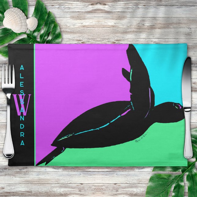 Personalized Colorful Tropical Sea Turtle Monogram Cloth Placemat (Creator Uploaded)
