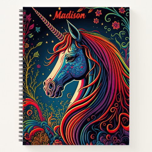 Personalized Colorful Unicorn and Flowers Notebook