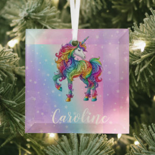 Personalized Colorful unicorn magic Glass Ornament