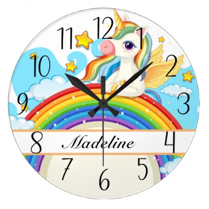 Personalized Colorful Unicorn & Rainbow Large Cloc Large Clock
