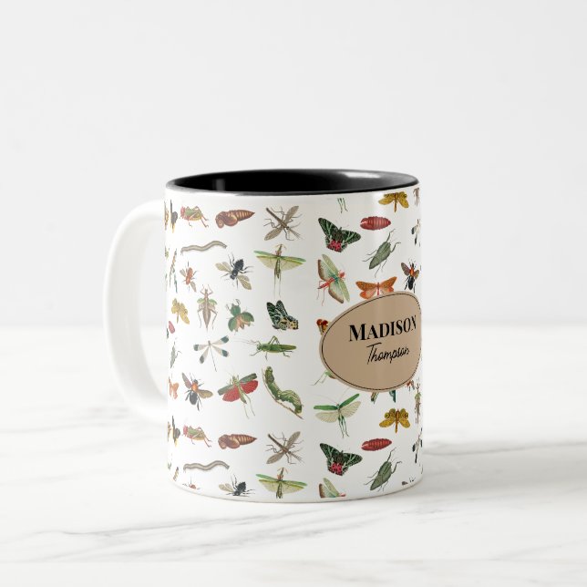 Personalized Colorful Vintage Insect Pattern Two-Tone Coffee Mug (Front Left)
