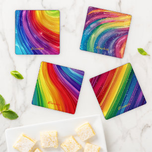 Personalized Colorful Watercolor Rainbow Pattern  Coaster Set