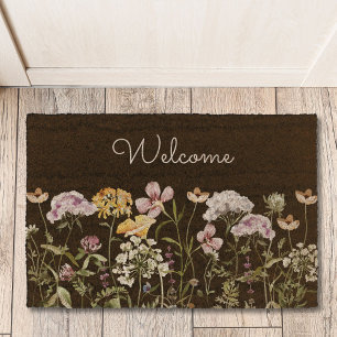 Personalized Colorful Wildflower Garden on Black Fiber Doormat
