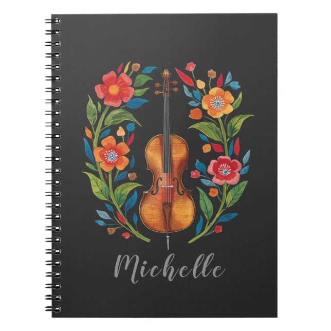 Personalized Colors Wildflower Boho Floral Violin  Notebook (Front)