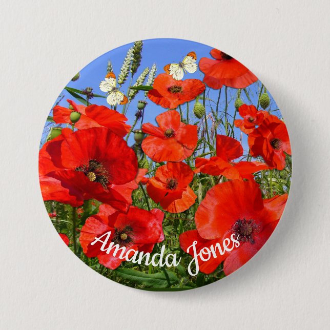 Personalized Colourful Poppy Field Name Badge Button (Front)