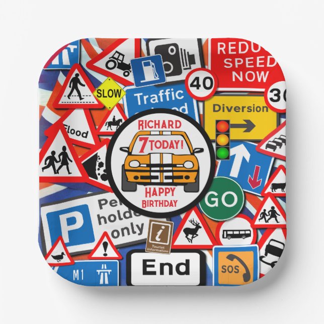 Personalized Colourful Road Signs, Birthday Party Paper Plates (Front)
