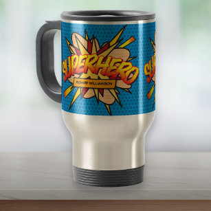 Personalized Comic Book SUPERHERO Travel Mug