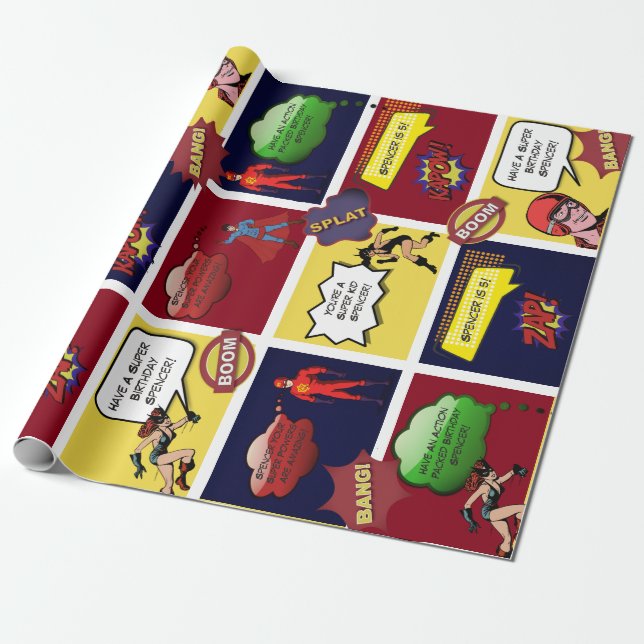 Personalized Comic Strip Birthday Wrapping Paper (Unrolled)