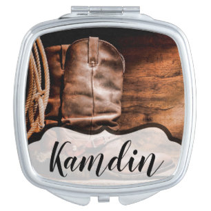 Personalized Compact Mirror Cowboy Boots Barn Wood