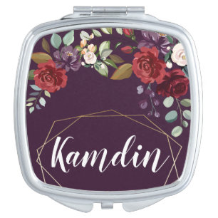 Personalized Compact Mirror Plum Purple Roses Gold