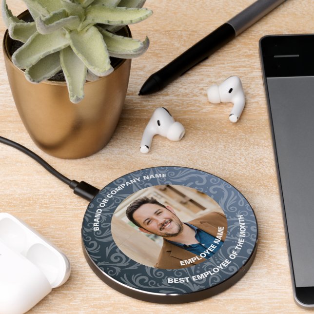 Personalized Company Employee Photo Silver Floral Wireless Charger (Desk 2)
