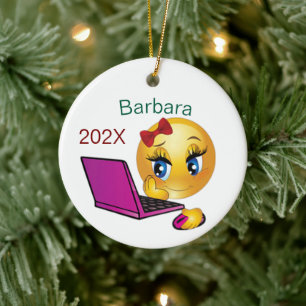 Personalized Computer Girl Christmas Tree Ceramic Ornament