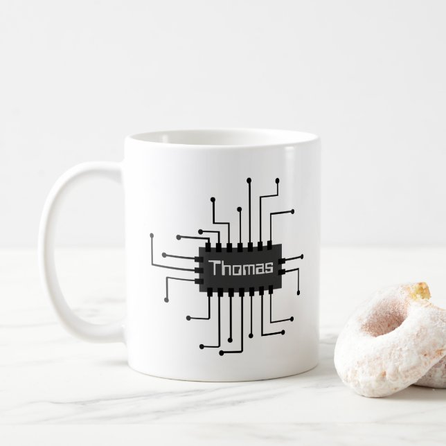 Personalized Computer IC Chip Image Coffee Mug (With Donut)